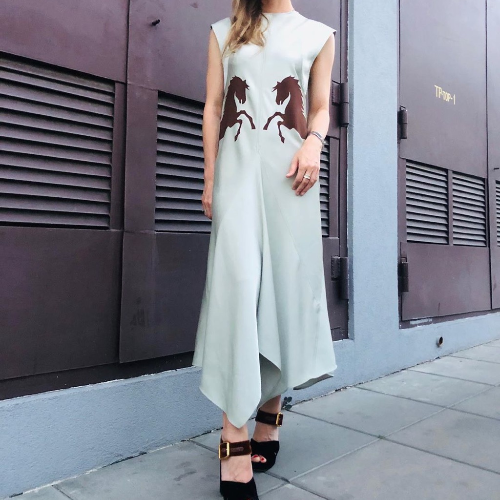 Elegant Light Blue Midi Dress W/ Horse Motif | Size 38 | Asymmetric Hem
